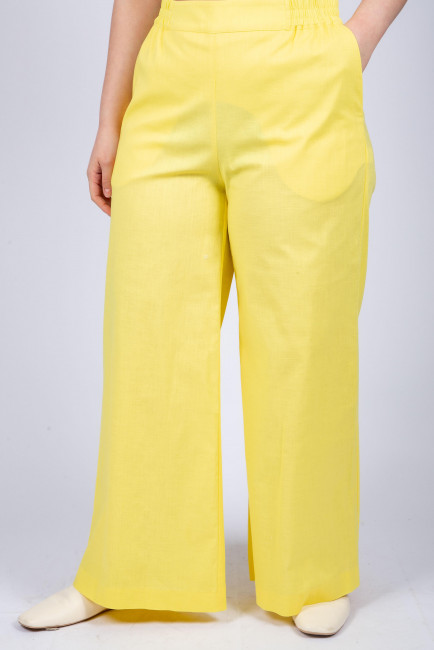 Желтые льняные брюки палаццо