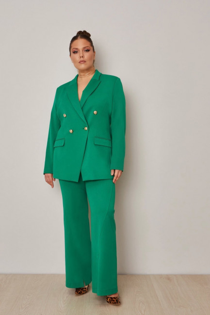 Зеленые брюки клеш с передним швом и разрезом костюмные большого размера фото 
