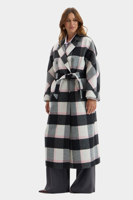 Пальто двубортное с принтом клетка из шерсти – фото – Plus Size 50–64 – Моно-Стиль