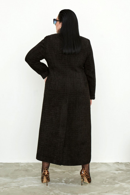 Черное твидовое приталенное пальто жакет длиной макси большой размер