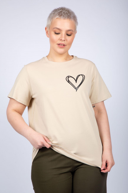 Бежевая футболка из хлопка с принтом сердце