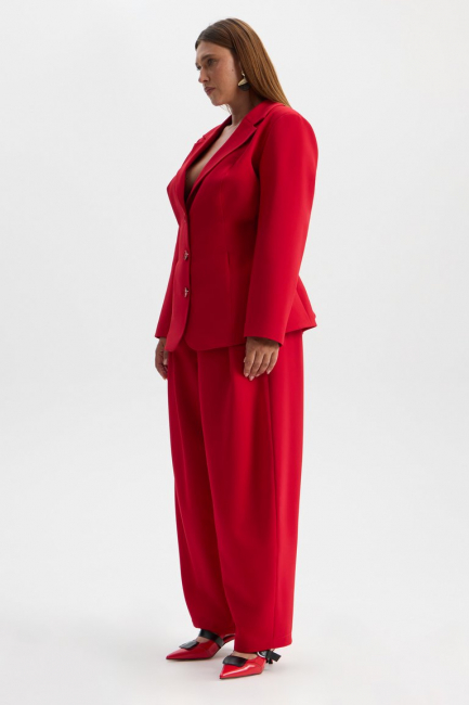 Брюки бананы из красной костюмной ткани – фото – Plus Size 50–64 – Моно-Стиль
