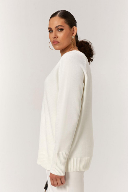 Пуловер белого цвета из смесового вязаного хлопка