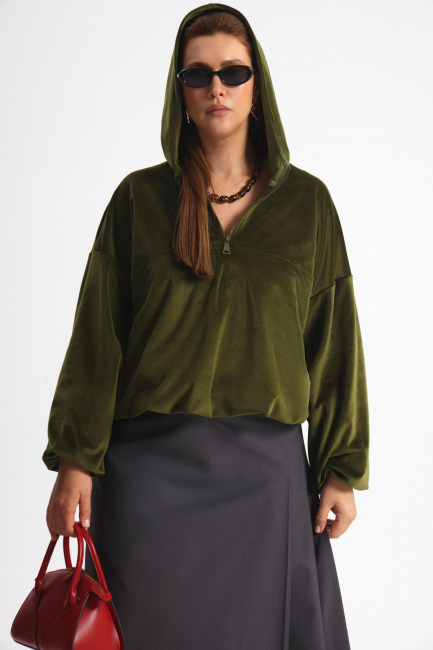 Худи халф-зип из велюра на подкладке