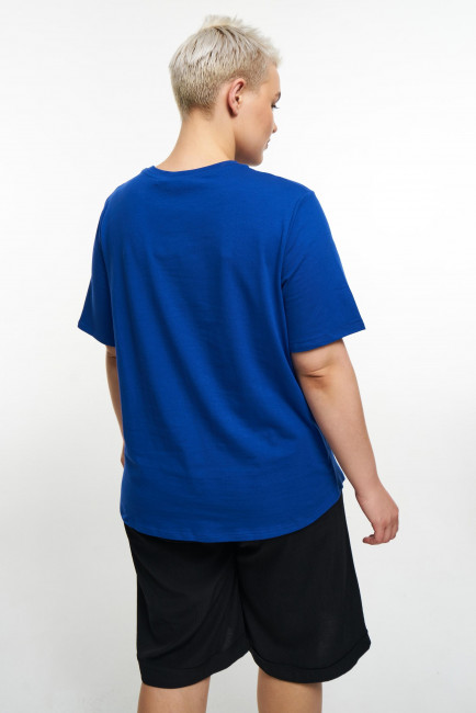 Синяя футболка из хлопка с круглым вырезом на фигуру плюс сайз купить в магазине модной одежды больших размеров