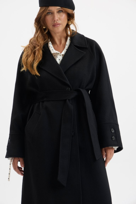 Однобортное пальто реглан с разрезом на рукаве – фото – Plus Size 50–64 – Моно-Стиль