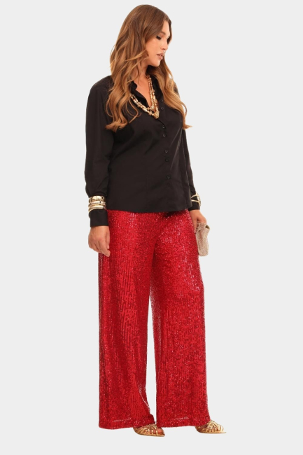 Брюки палаццо с красными пайетками на подкладке – фото – Plus Size 50–64 – Моно-Стиль