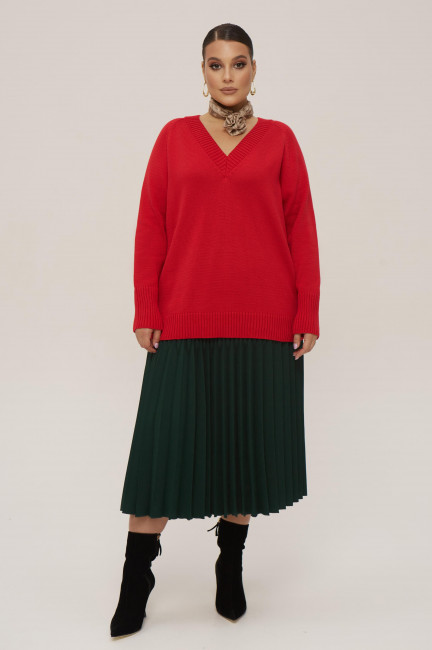 Красный пуловер из вязаного хлопкового трикотажа на крупную женщину купить