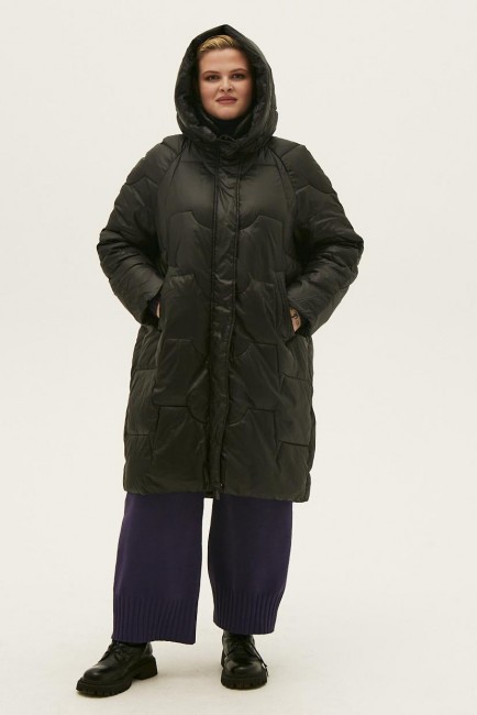 Черная удлиненная куртка пуховик с капюшоном купить онлайн в интернет-магазине одежды для женщин плюс сайз 