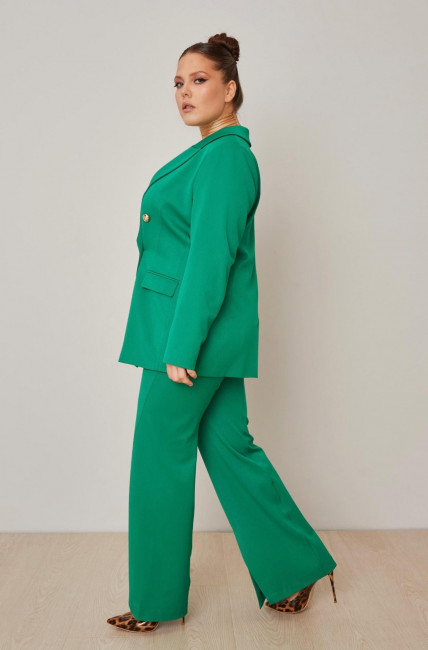 Зеленые брюки клеш с передним швом и разрезом костюмные большого размера фото 