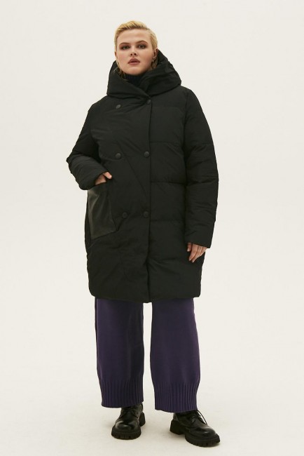 Черная двубортная куртка с накладным карманом большого размера купить онлайн для женщин плюс сайз с доставкой 