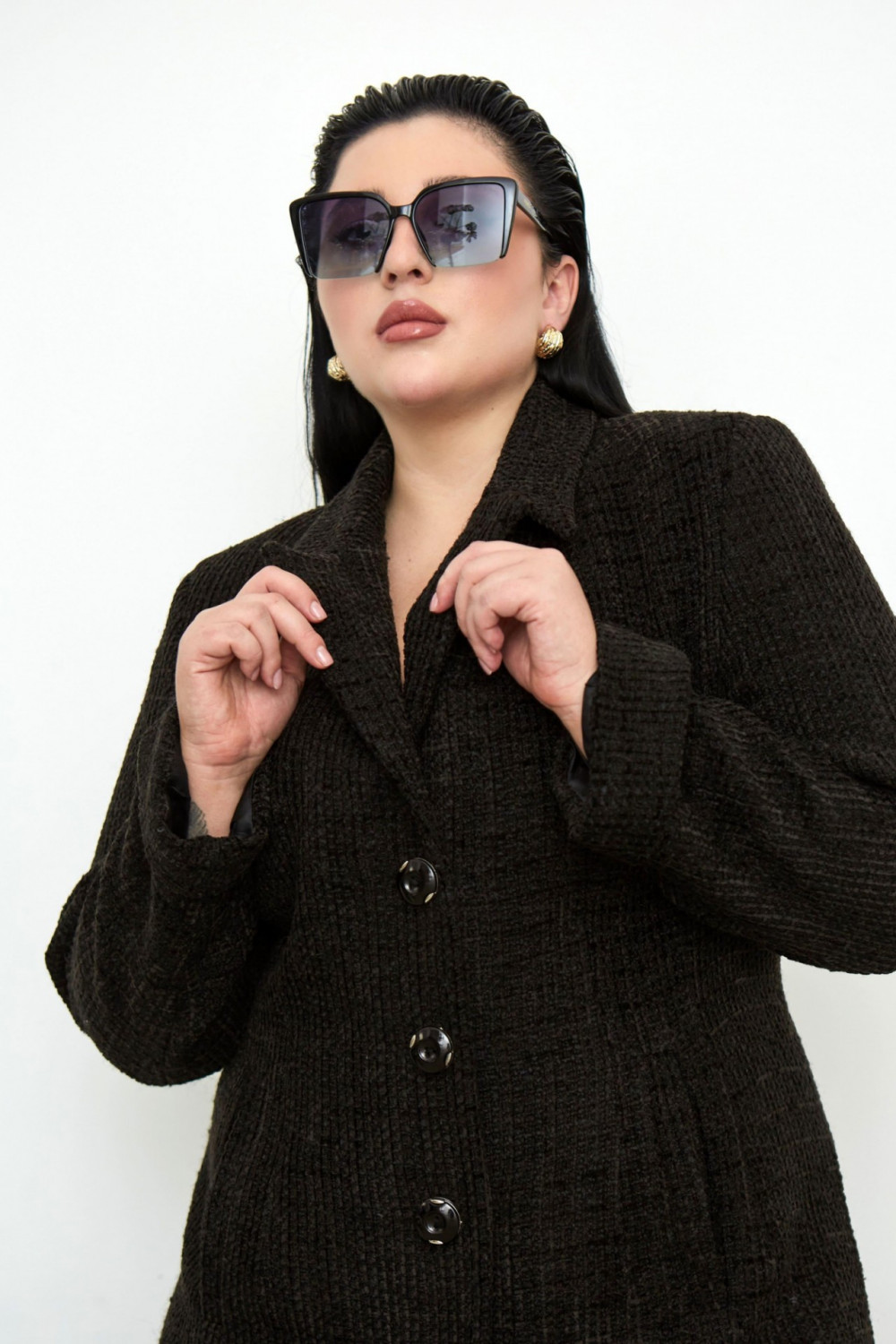 Черное твидовое приталенное пальто жакет длиной макси большой размер