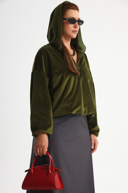 Худи халф-зип из велюра на подкладке