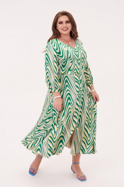 Шелковое платье на пуговицах с зеленым принтом