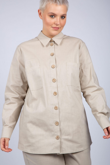 Льняная рубашка на поясе в молочном оттенке Большого размера купить онлайн в интернет-магазине с доставкой 