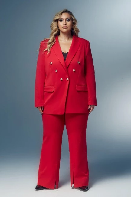 Красные расклешенные брюки с передней стрелкой и разрезом фото