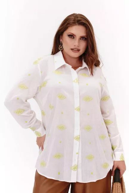Рубашка в этно-стиле из муслина с салатовой английской вышивкой
