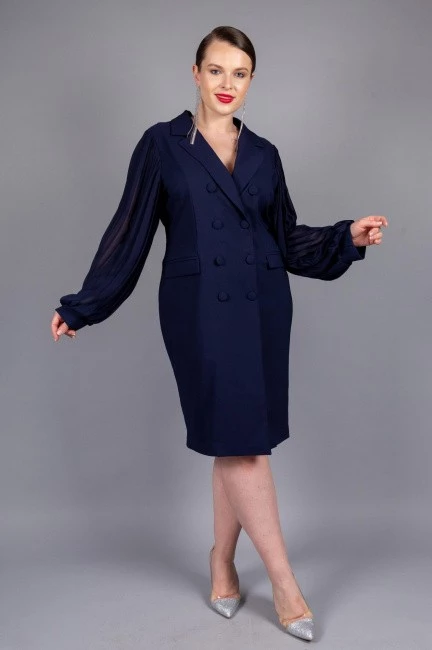 Платье пиджак темно-синего цвета с гофрированным рукавом