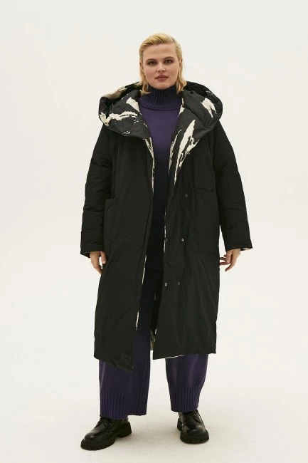 двубортное двустороннее пальто пуховик с капюшоном купить онлайн в интернет-магазине одежды больших размеров для женщин 