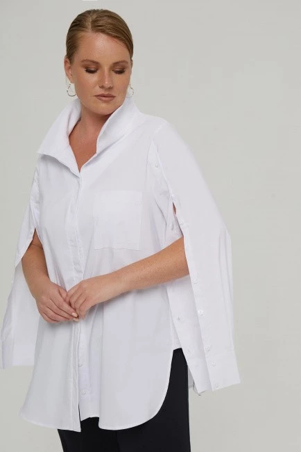 Белая рубашка кейп с пуговицами на рукаве премиум качества на фигуру плюс сайз купить в магазине одежды больших размеров для женщин