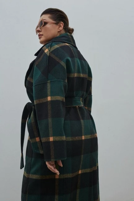 Мягкое пальто халат в клетку с высоким содержанием шерсти на фигуру большого размера плюс сайз купить в магазине модной одежды больших размеров