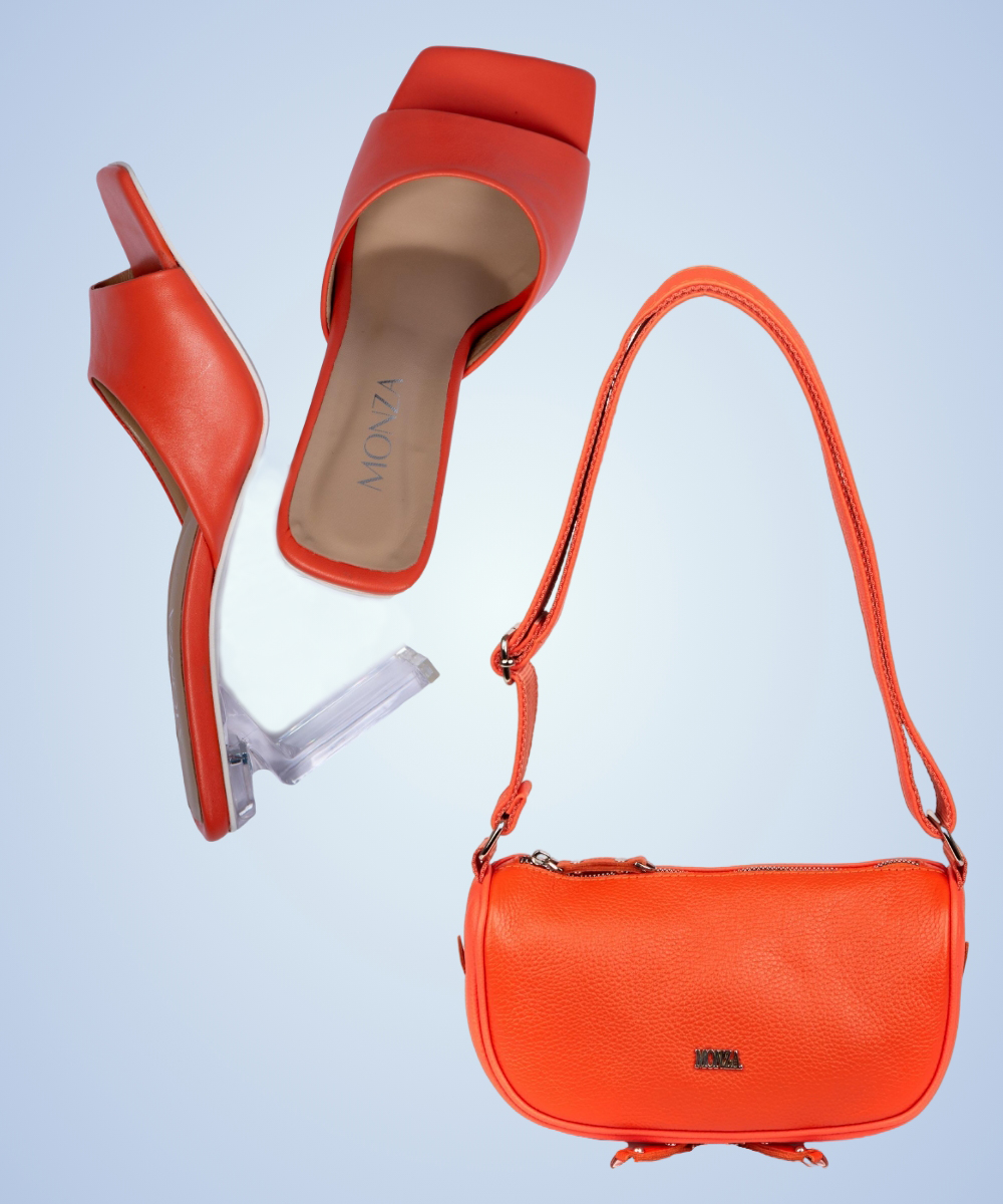Оранжевая сумка хобо из кожи/ Оранжевые кожаные босоножки на каблуке из винила